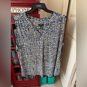 Jones New York Blue & Yellow Print Sleeveless V-Neck Top